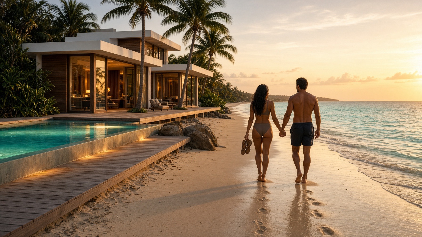 Couple walking the beach beside a villa